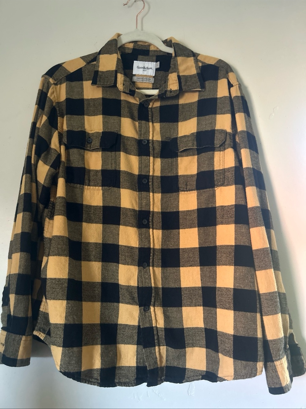 Goodfellow & Co. Men Large Flannel Shirt Standard Black Yellow Buffalo Plaid